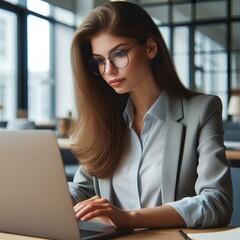 A woman wearing glasses is sitting at a desk with a laptop in front of her