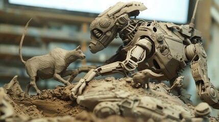 Craft a detailed clay sculpture scene featuring robotic animals engaged in a postapocalyptic danceoff from a unique tilted angle perspective