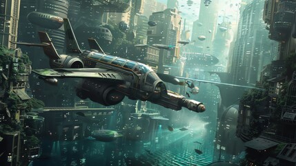 Capture a photorealistic scene of a gravity-defying aircraft soaring over futuristic underwater skyscrapers in a utopian city, blending traditional art with a touch of digital manipulation
