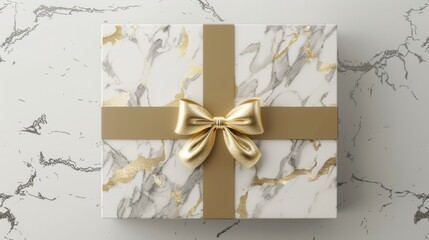 Blank mockup of a modern marblepatterned gift box with a metallic gold label and bow. .