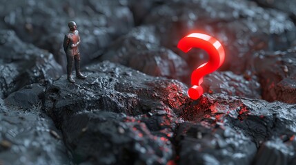 3d human figure with glowing red question mark concept illustration for uncertainty or confusion