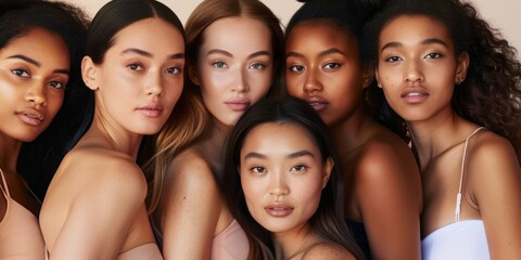 Obraz premium Group of diverse women with different skin types posing together in studio.