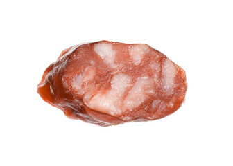 Piece of thin dry smoked sausage isolated on white