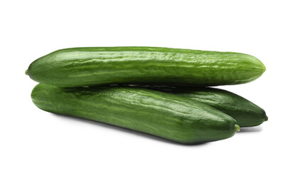 Many long fresh cucumbers isolated on white