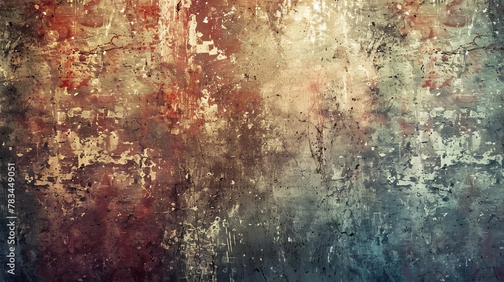 Poster abstract grunge background with distressed texture peeling paint scratches and splatters in muted ea