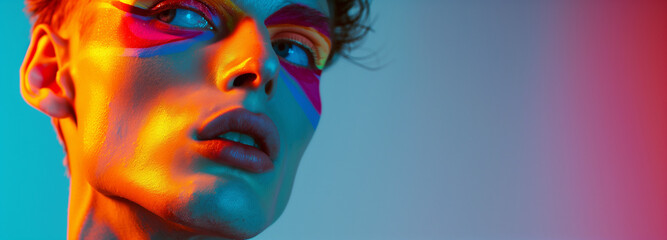 Happy Pride month, Closeup of Guy paints his face with rainbow colors. 