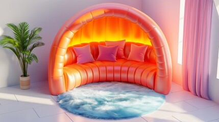 This image showcases a stylish inflatable sofa with a glowing warmth set against a tranquil room Perfect blend of comfort and modern design - obrazy, fototapety, plakaty