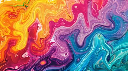 abstract marbled acrylic paint texture with swirling ink waves in bold rainbow colors digital painting - obrazy, fototapety, plakaty