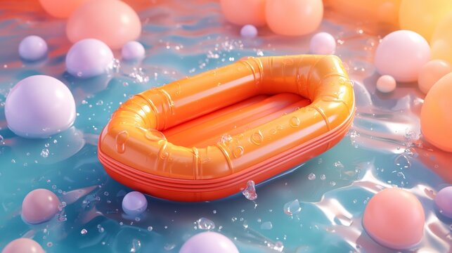 A vibrant image showcasing an orange inflatable ring floating on glittering water with colorful balls around