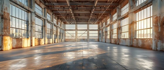 Sunlit Abandoned Warehouse: Serenity in Urban Decay. Concept Urban Exploration, Abandoned Spaces, Photography Inspiration - obrazy, fototapety, plakaty