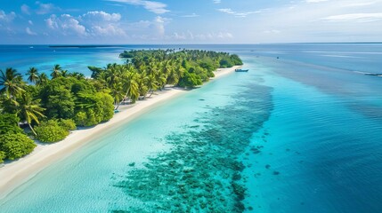 aerial view of a tropical island paradise with turquoise water white sandy beach and lush palm trees drone photography - obrazy, fototapety, plakaty