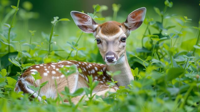 adorable fallow deer fawn resting in lush green grass wildlife photography