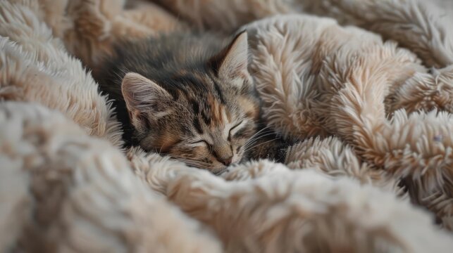 adorable kitten curled up on soft fluffy blanket animal photography with soft focus