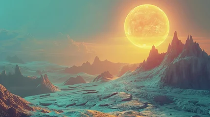 Poster alien planet landscape with glowing sun mountains and fantastic rock formations futuristic science fiction 3d illustration © Bijac