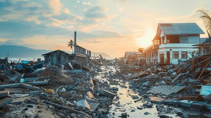 aftermath of powerful tsunami destroyed buildings and debris natural disaster concept - obrazy, fototapety, plakaty