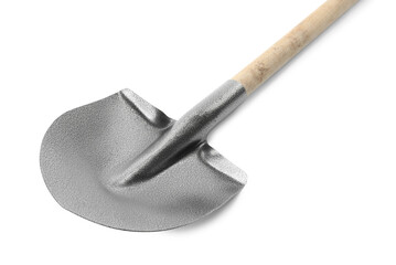 One new shovel with wooden handle isolated on white. Gardening tool