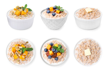 Set of tasty wheat porridge with different ingredients in bowls isolated on white, top and side views