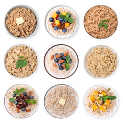 Set of tasty wheat porridge with different ingredients in bowls isolated on white, top view