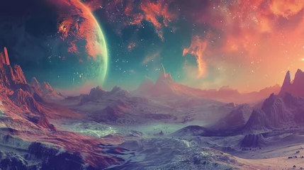 Foto op Plexiglas alien planet surface landscape with distant view of mountains and unknown structures under vivid sky science fiction concept illustration © Bijac