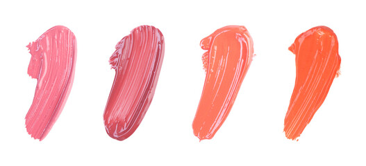 Lip gloss of different colors on white background, collection