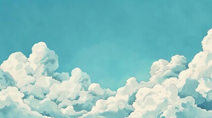 artistic hand drawn blue sky with white fluffy clouds whimsical cartoon illustration background - obrazy, fototapety, plakaty