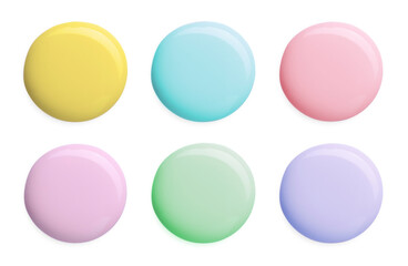Nail polish drops of different colors on white background, collection