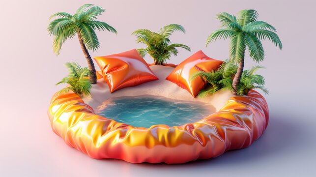 An isometric imaginative depiction of an inflatable pool ring designed like an island with palm trees, cushions, and water in the center