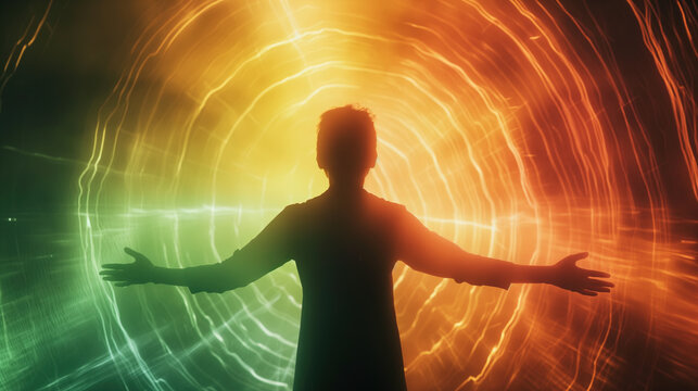 Retro style photo of a person with spread arms, surrounded by colorful waves of energy. Silhouette of a guy emitting or receiving glowing waves of rainbow colored light.