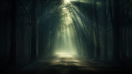 Mysterious green forest illuminated by beams of sunlight, with a path leading towards the light. Sparkles of light falling onto the road surrounded by dark trees. Fantasy landscape.