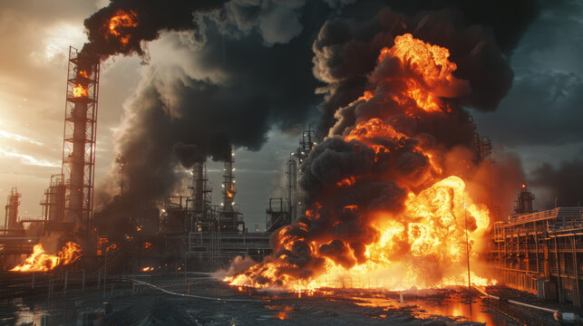 Major fire at an industrial oil refinery with black smoke cloud
