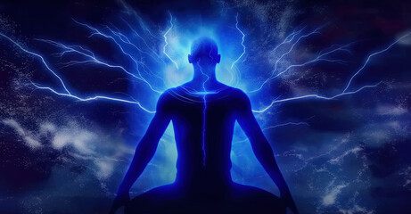 Silhouette of a man with blue electrical energy emitted from the body, on dark background. Shining blue light and lightnings around the person.