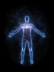 Silhouette of a person with glowing blue outline, sparkling energy flowing through the body and a shiny energy field around, on dark background, Energy work, aura, meditation. - obrazy, fototapety, plakaty