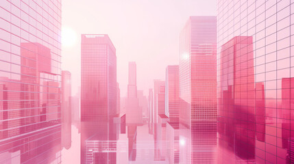 Picture of modern of a smart city, futuristic financial district with buildings and reflections , pink color background for corporate and business template - obrazy, fototapety, plakaty