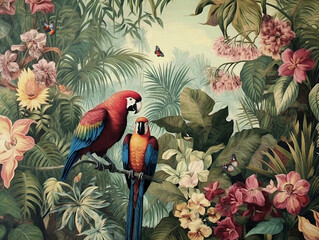 wallpaper jungle and leaves tropical forest mural parrot and birds butterflies old drawing vintage background	