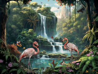 wallpaper jungle and leaves tropical forest mural flamingo and birds in waterfall old drawing vintage background