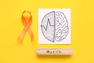 Drawing of brains with orange ribbon and word MARCH on yellow background. Multiple Sclerosis...