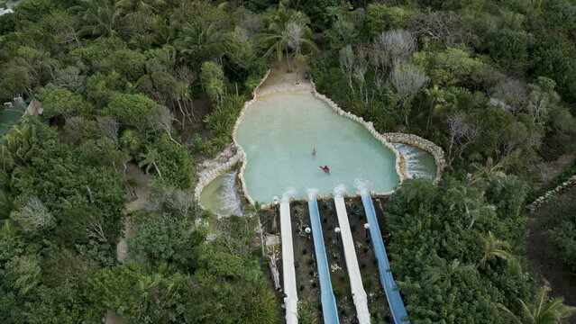 Beautiful high shot over waterslides and pool