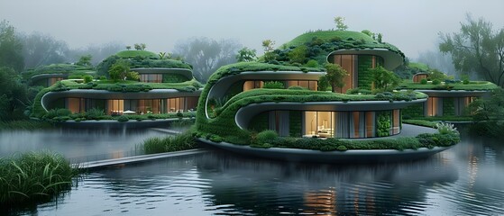 Eco-Architecture Haven Amidst Serene Waters. Concept Eco-Architecture, Haven, Serene Waters - obrazy, fototapety, plakaty