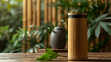 Blank mockup of an ecofriendly bamboo thermos with a removable infuser. .
