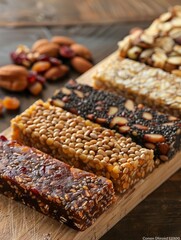 energy bars made with chia seeds, nuts, and dried fruits, suitable for nutritional snack advertisements or packaging