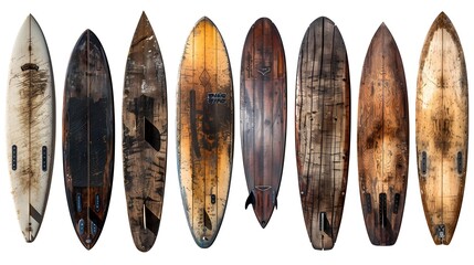 Assortment of Vintage Wooden Surfboards Showcasing Weathered Retro Aesthetic and Beachy Designs