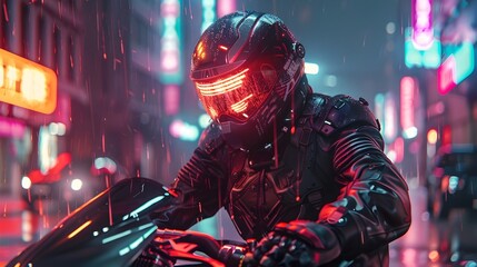 Cyborg Bounty Hunter Tracking Dangerous Criminal in Vibrant Dystopian City