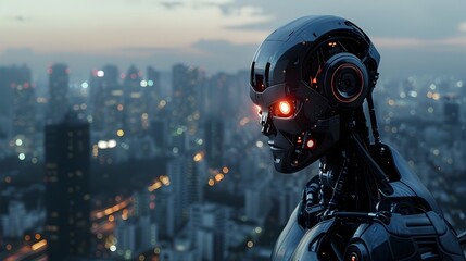 Cyborg Sentinel Stands Vigil Over Urban Skyline
