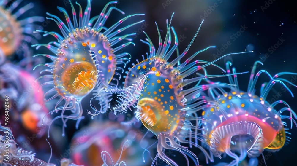 Poster a stunning image of ciliates engaging in a show of strength as they clash with one another using var