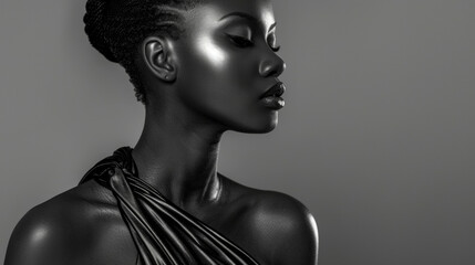 A monochromatic gray background sets the stage for a black woman wearing an edgy asymmetrical dress. The sleek and modern silhouette is further enhanced by the use of contrasting matte .