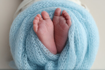 The tiny foot of a newborn baby. Soft feet of a new born in a blue wool blanket. Close up of toes, heels and feet of a newborn. Macro photography. 