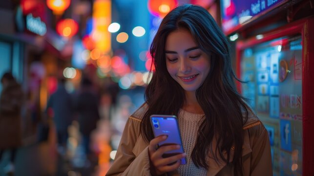 An attractive young woman uses the mobile phone easily and texts on her smartphone in this era of 5G digital communication and online social media.