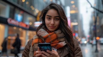 A young woman using mobile phone and messaging on smartphone easily in the world of 5G digital communication and online social media. Technology fits into daily life