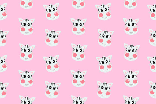 Seamless pattern with kawaii cute zebra face, head for children isolated on baby pink background. Vector wallpaper illustration for kids, for textile, nursery