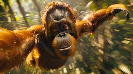 Majestic Orangutan Swinging Through Autumn Leaves in the Tropical Rainforest - obrazy, fototapety, plakaty